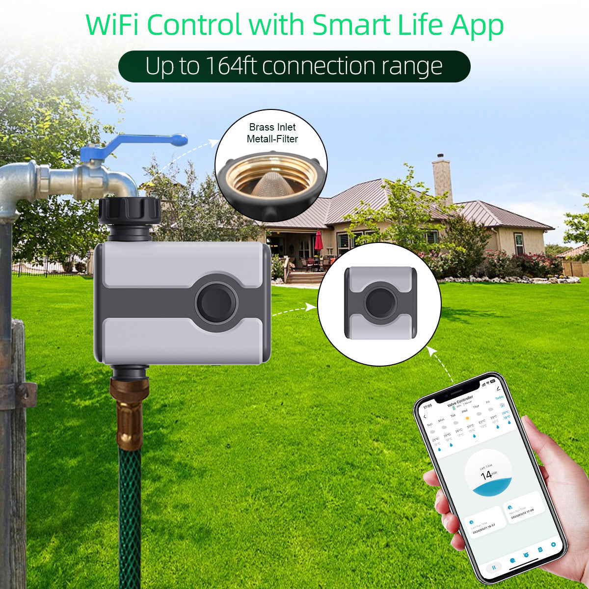 WiFi Water Timer Brass Inlet Sprinkler Timer for Garden Hose Bluetooth Wi-Fi Remote Control#21187+21189