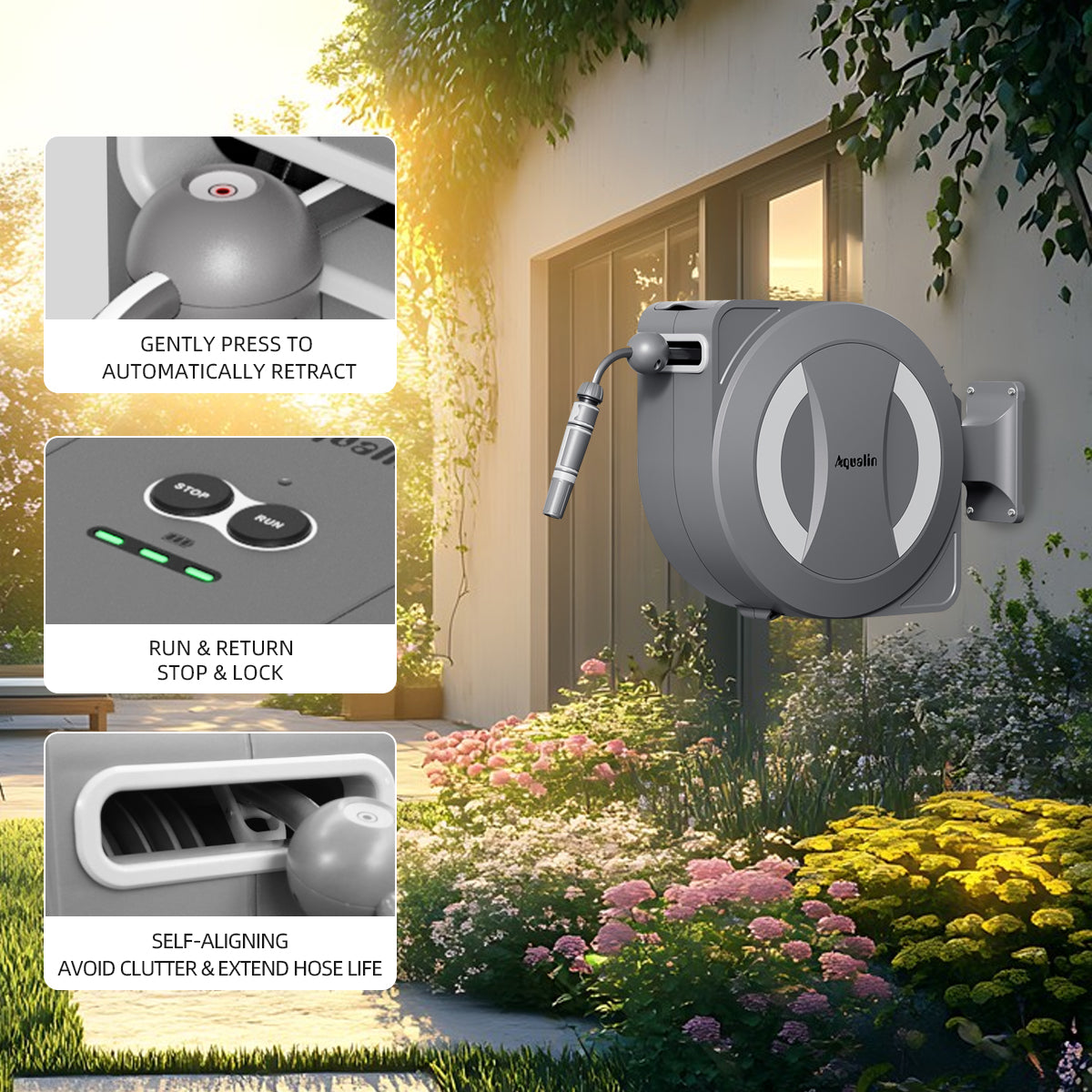 Aqualin Battery-Powered Retractable Electric Garden Hose Reel Wall Mounted Hose Reel 30m+2m, 180° Pivoting Auto Lock and Rewind Includes Wall Fixings and Spray Nozzle#25705
