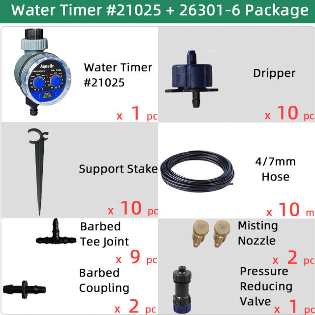 Micro Drip Plant Watering Kit DIY Garden Irrigation Mist Cooling System with Adjustable Nozzles and Water Timer Package - Aqualin Official Store