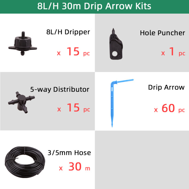 30M 3/5MM Hose Garden 60PCS Drip Arrow Watering Kits 4L/8L 5-way Distributor Drip Irrigation System in Greenhouse,Yard#26301-14 - Aqualin Official Store