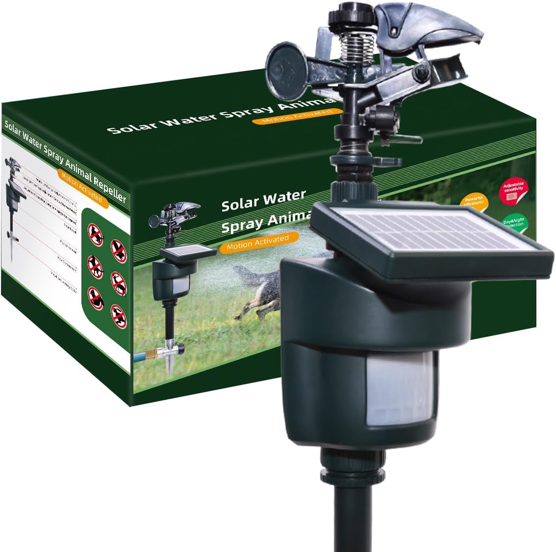 Motion Activated Sprinkler with Day & Night Detection Modes Water Jet Animal Repellent with Solar Panel Bird Heron Cat Repellent Garden Wild Animals for Yard#31012L