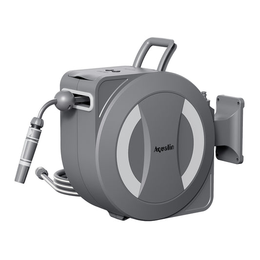 Aqualin Battery-Powered Retractable Electric Garden Hose Reel Wall Mounted Hose Reel 30m+2m, 180° Pivoting Auto Lock and Rewind Includes Wall Fixings and Spray Nozzle#25705