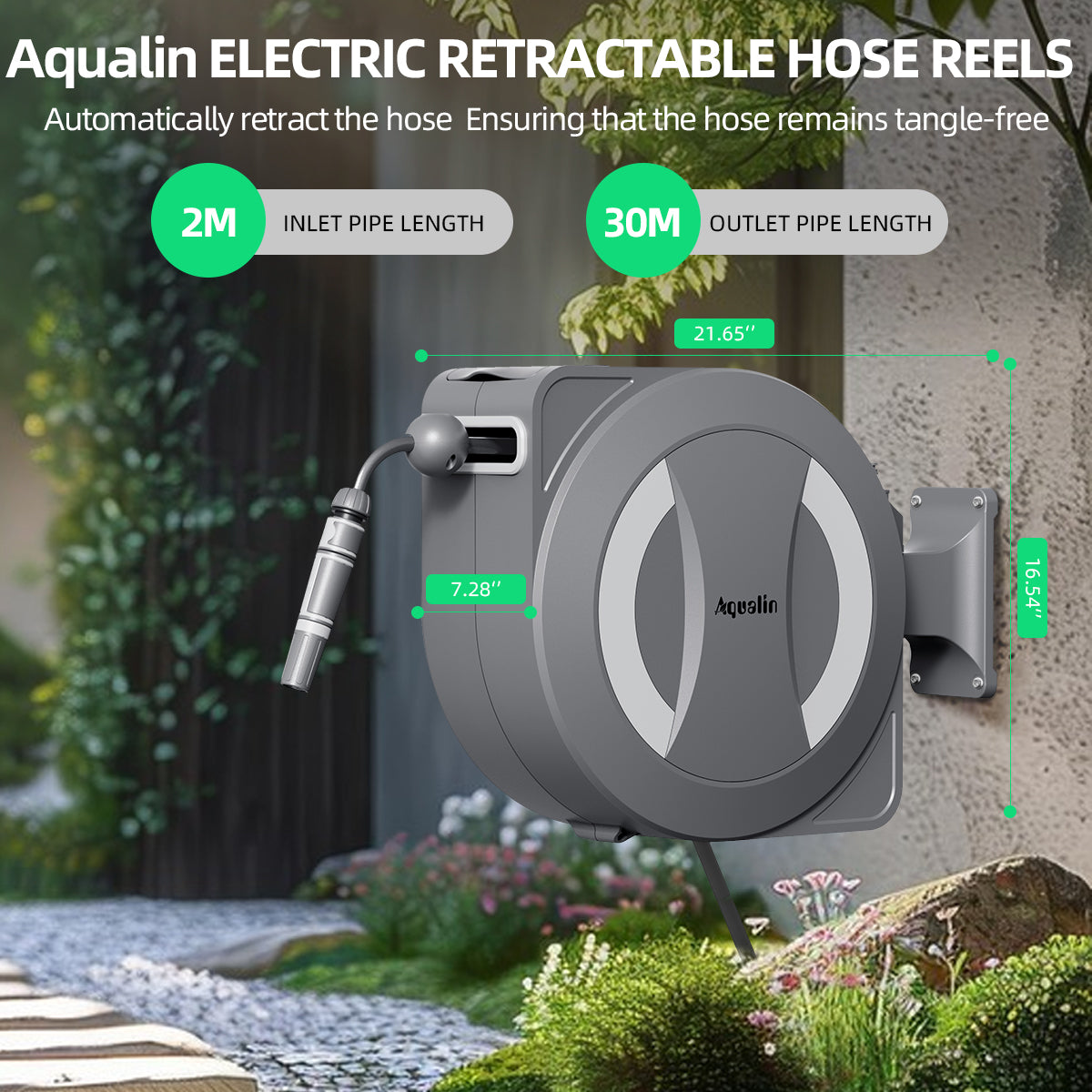 Aqualin Battery-Powered Retractable Electric Garden Hose Reel Wall Mounted Hose Reel 30m+2m, 180° Pivoting Auto Lock and Rewind Includes Wall Fixings and Spray Nozzle#25705