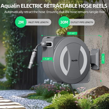 Aqualin Battery-Powered Retractable Electric Garden Hose Reel Wall Mounted Hose Reel 30m+2m, 180° Pivoting Auto Lock and Rewind Includes Wall Fixings and Spray Nozzle#25705