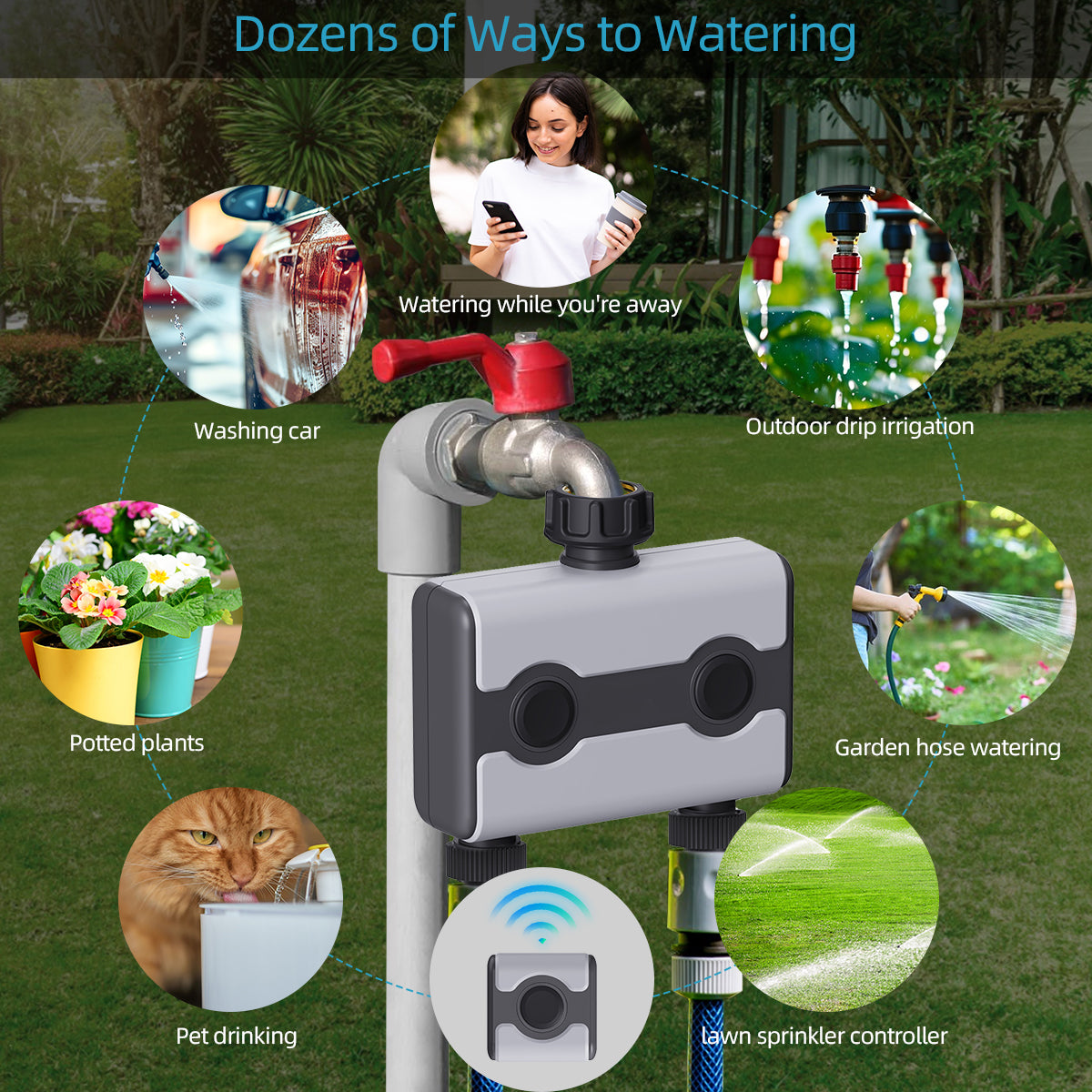 WiFi Garden Water Timer 2 Zones Smart Watering Timers for Irrigation with WiFi Hub Sprinkler Hose Timer  APP Control#21188+21189