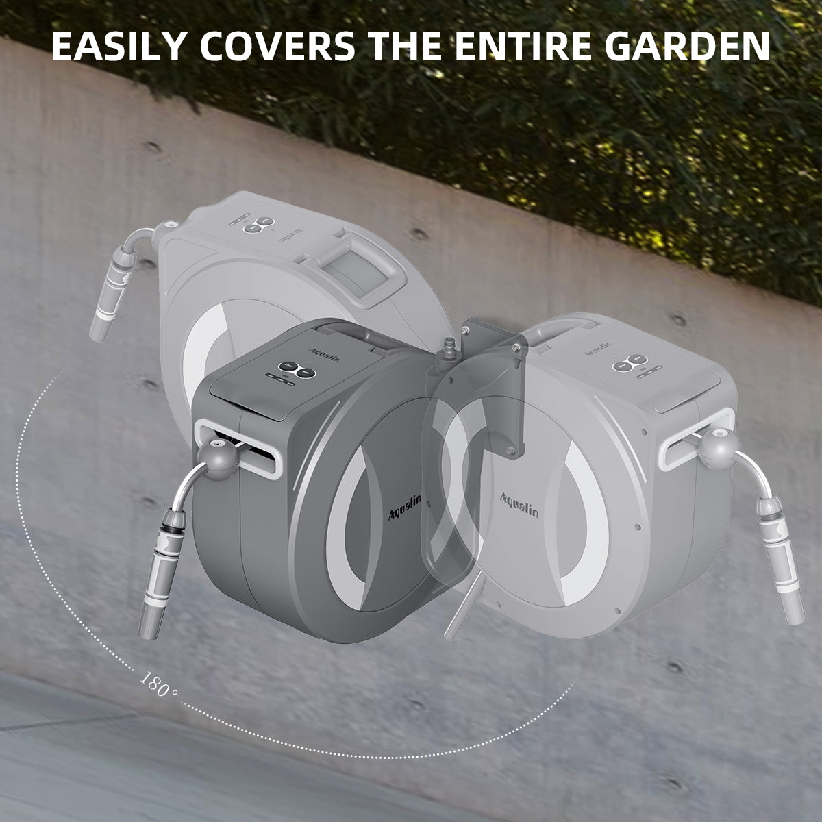 Aqualin Battery-Powered Retractable Electric Garden Hose Reel Wall Mounted Hose Reel 30m+2m, 180° Pivoting Auto Lock and Rewind Includes Wall Fixings and Spray Nozzle#25705
