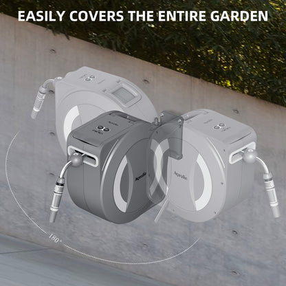 Aqualin Battery-Powered Retractable Electric Garden Hose Reel Wall Mounted Hose Reel 30m+2m, 180° Pivoting Auto Lock and Rewind Includes Wall Fixings and Spray Nozzle#25705