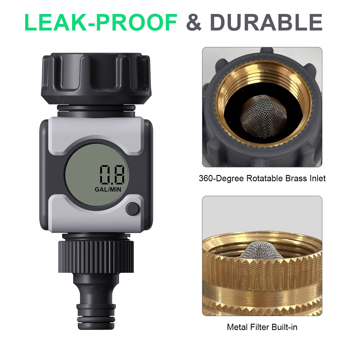 Aqualin Water Flow Meter with Brass Inlet Metal Thread High Measure Accuracy Measure Gallon/Liter Consumption RV Water Tank Filling, Lawn Sprinkler, Irrigation System#21295