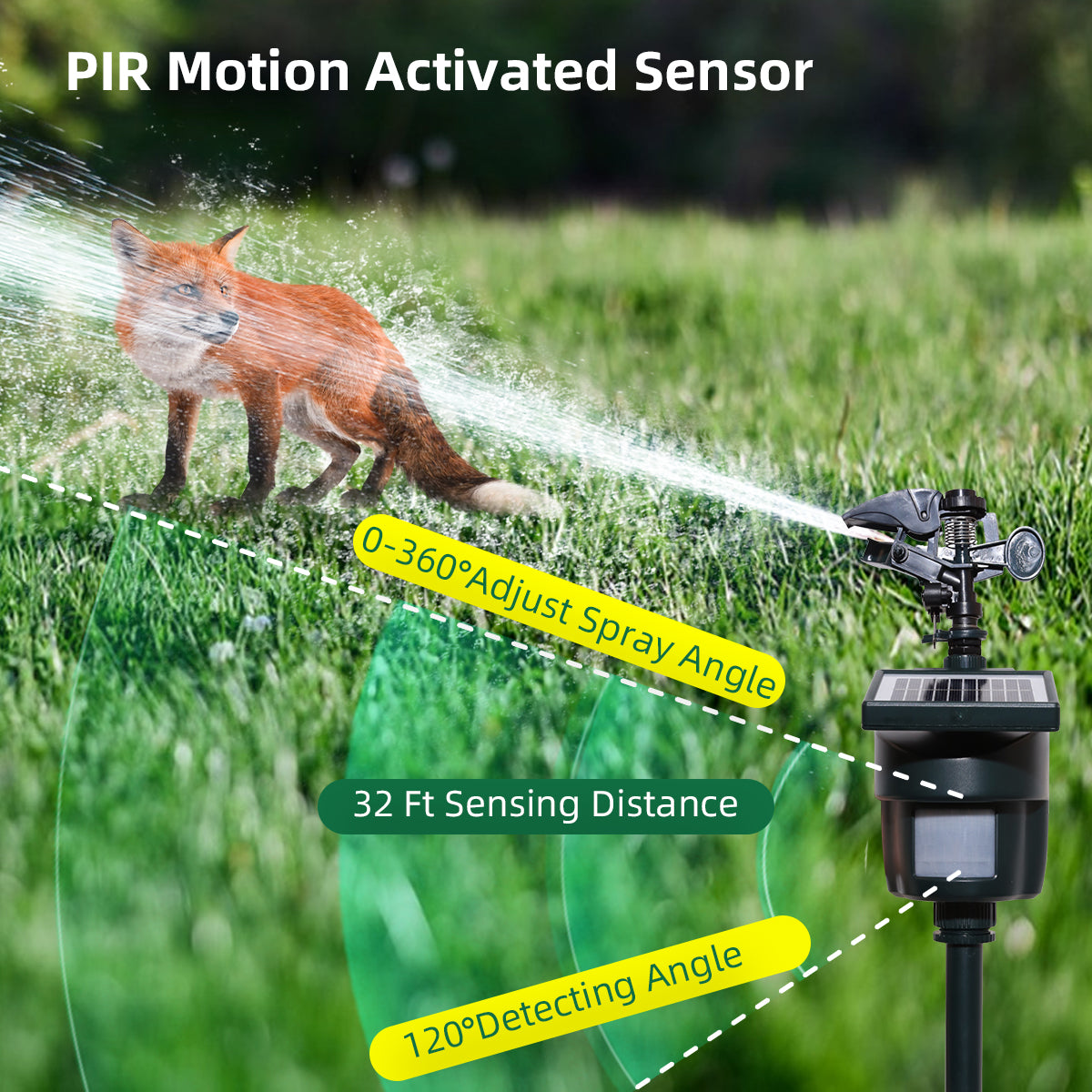 Motion Activated Sprinkler with Day & Night Detection Modes Water Jet Animal Repellent with Solar Panel Bird Heron Cat Repellent Garden Wild Animals for Yard#31012L
