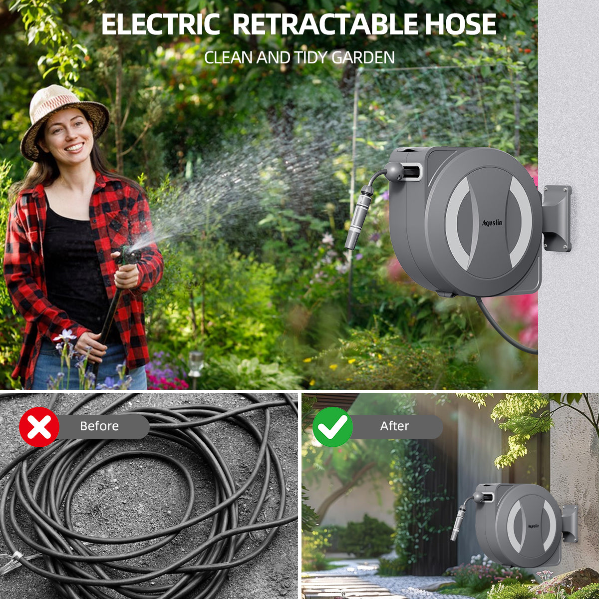 Aqualin Battery-Powered Retractable Electric Garden Hose Reel Wall Mounted Hose Reel 30m+2m, 180° Pivoting Auto Lock and Rewind Includes Wall Fixings and Spray Nozzle#25705
