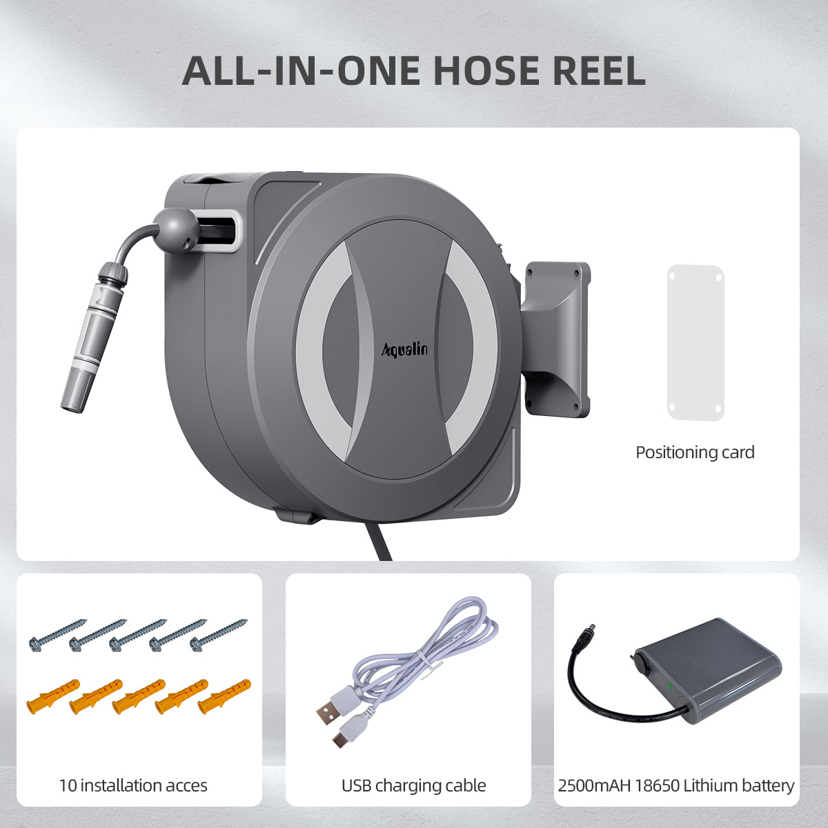 Aqualin Battery-Powered Retractable Electric Garden Hose Reel Wall Mounted Hose Reel 30m+2m, 180° Pivoting Auto Lock and Rewind Includes Wall Fixings and Spray Nozzle#25705