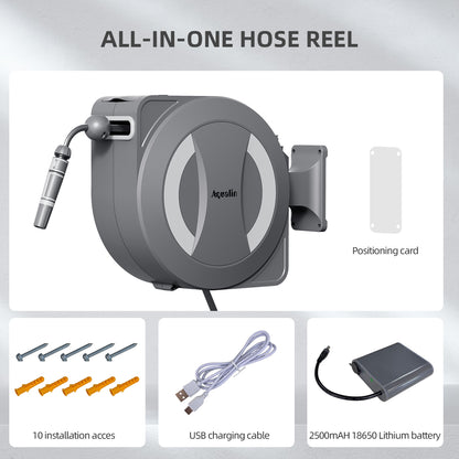 Aqualin Battery-Powered Retractable Electric Garden Hose Reel Wall Mounted Hose Reel 30m+2m, 180° Pivoting Auto Lock and Rewind Includes Wall Fixings and Spray Nozzle#25705