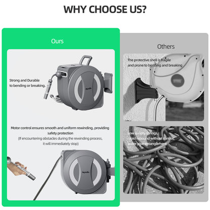 Aqualin Battery-Powered Retractable Electric Garden Hose Reel Wall Mounted Hose Reel 30m+2m, 180° Pivoting Auto Lock and Rewind Includes Wall Fixings and Spray Nozzle#25705