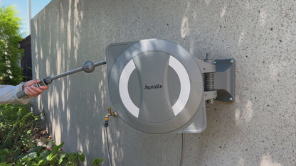Aqualin Battery-Powered Retractable Electric Garden Hose Reel Wall Mounted Hose Reel 30m+2m, 180° Pivoting Auto Lock and Rewind Includes Wall Fixings and Spray Nozzle#25705
