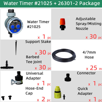 Micro Drip Plant Watering Kit DIY Garden Irrigation Mist Cooling System with Adjustable Nozzles and Water Timer Package - Aqualin Official Store