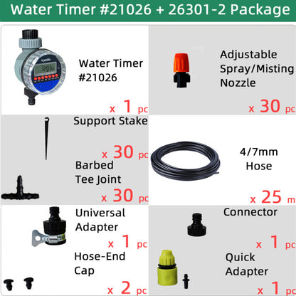 Micro Drip Plant Watering Kit DIY Garden Irrigation Mist Cooling System with Adjustable Nozzles and Water Timer Package - Aqualin Official Store