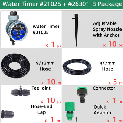 Micro Drip Plant Watering Kit DIY Garden Irrigation Mist Cooling System with Adjustable Nozzles and Water Timer Package - Aqualin Official Store