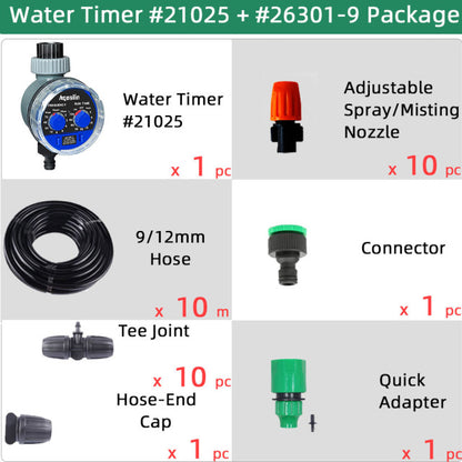 Micro Drip Plant Watering Kit DIY Garden Irrigation Mist Cooling System with Adjustable Nozzles and Water Timer Package - Aqualin Official Store